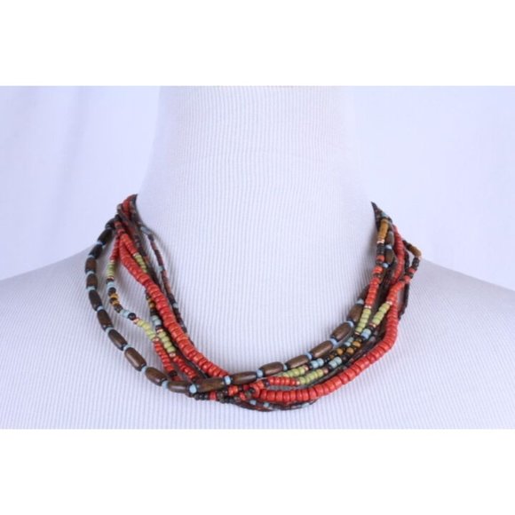 Multi 6 Strand Brown Orange Wood Bead Unisex Hipster Necklace 19" Button Close - Picture 1 of 5